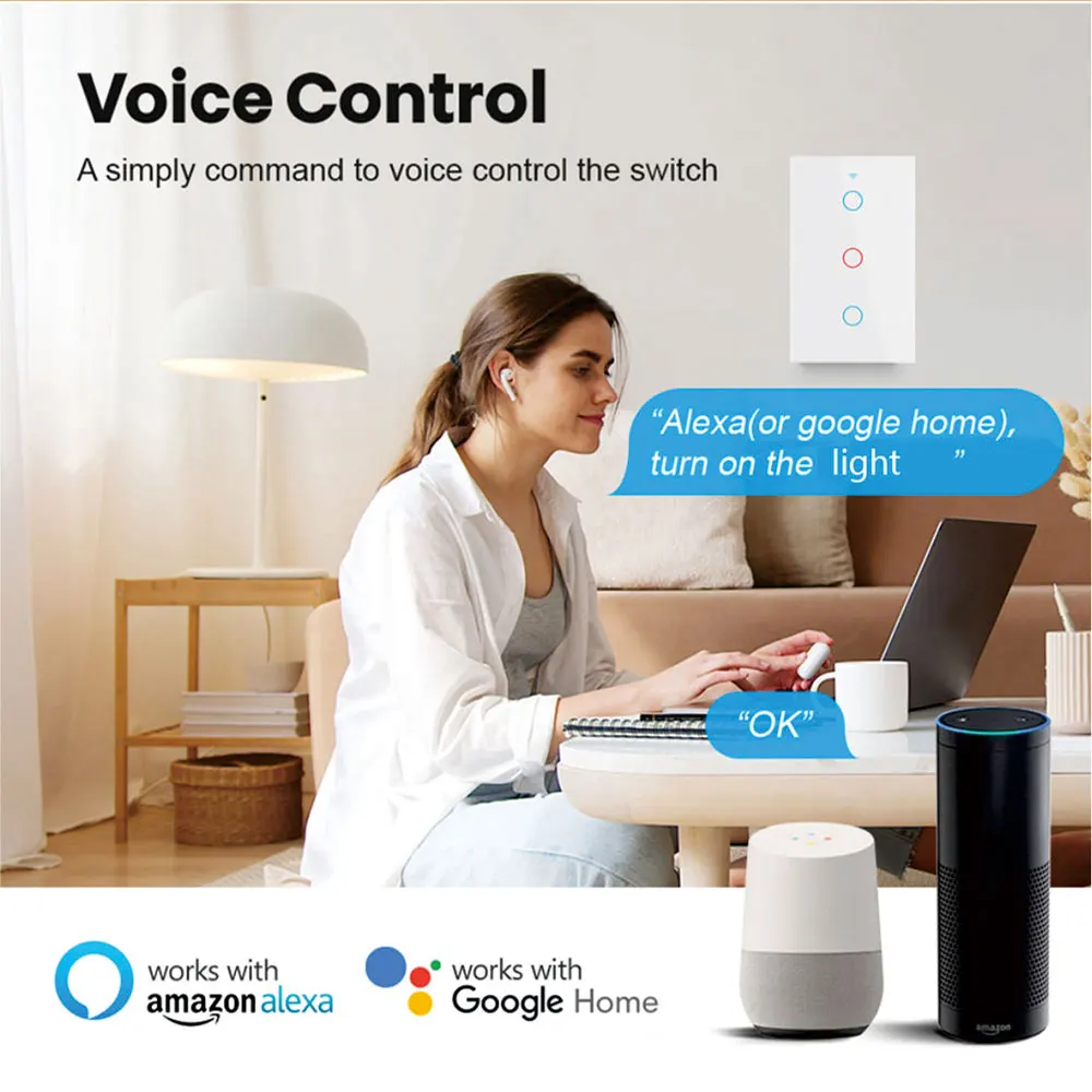 Tuya US WiFi Smart Wall Switch RF433 1/2/3/4 Gang No Neutral Wire Touch Sensor LED Light Switches Smart Home Alexa Google Home - Image 2